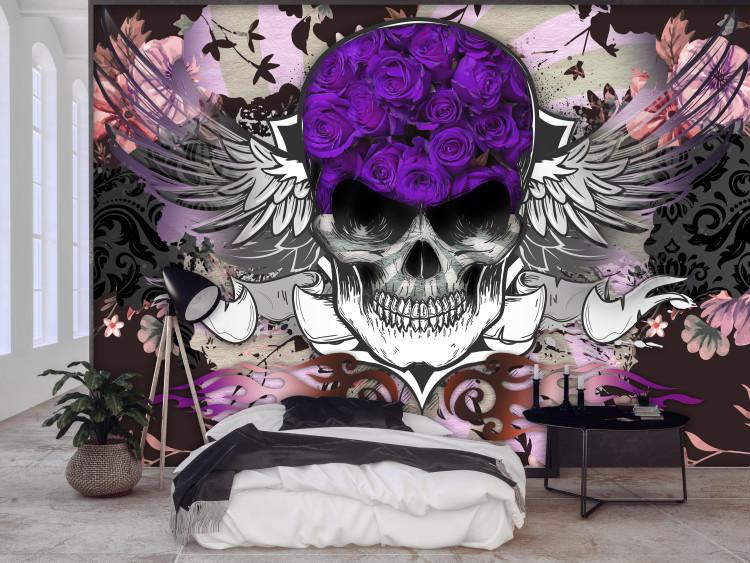 Wall Mural Abstract - corpse skull in purple tones on a background with flowers