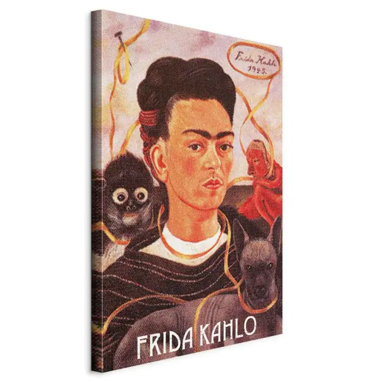 Portrait of Frida Kahlo - the artist's face surrounded by animals