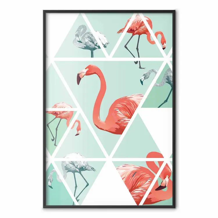 Wall Poster Geometric flamingos - pink birds and triangles in shades of ...