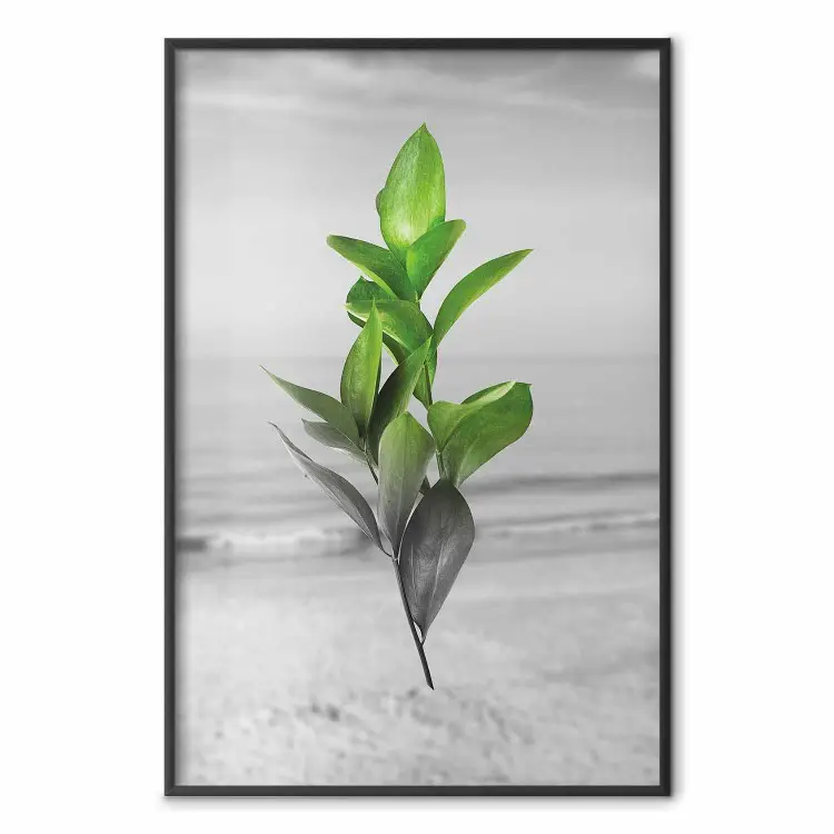 Green Branches - Living leaves on a background of a gray seascape