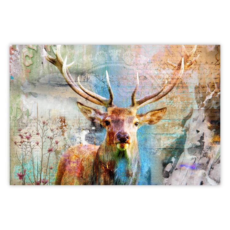 Poster Deer on Wood - abstraction with a forest animal and texts in the background