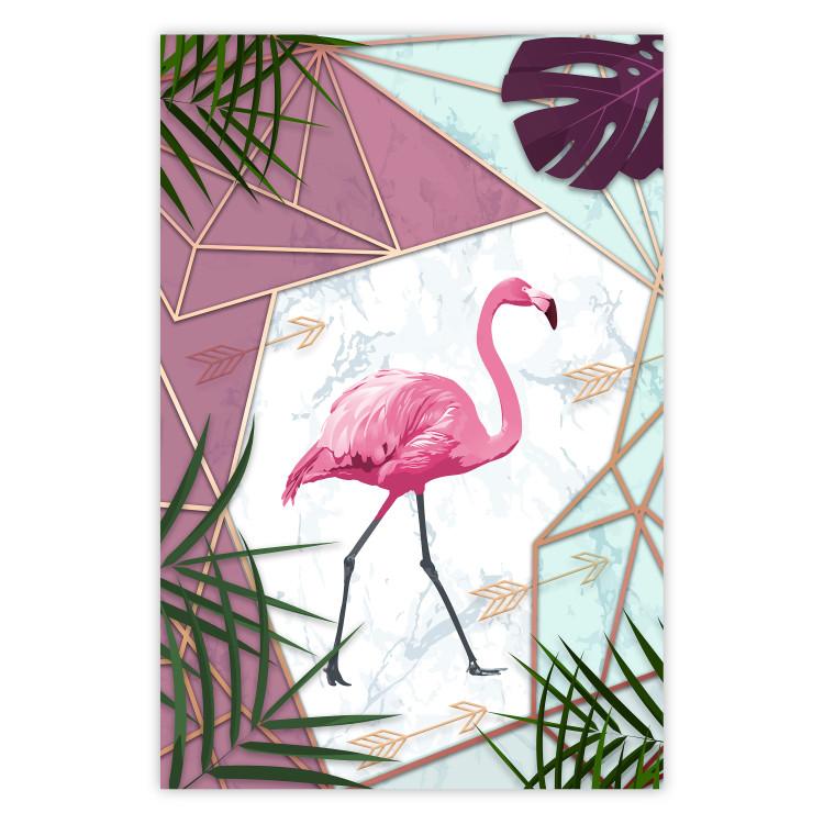 Poster Flamingo Stroll - geometric abstraction with a pink bird and leaves