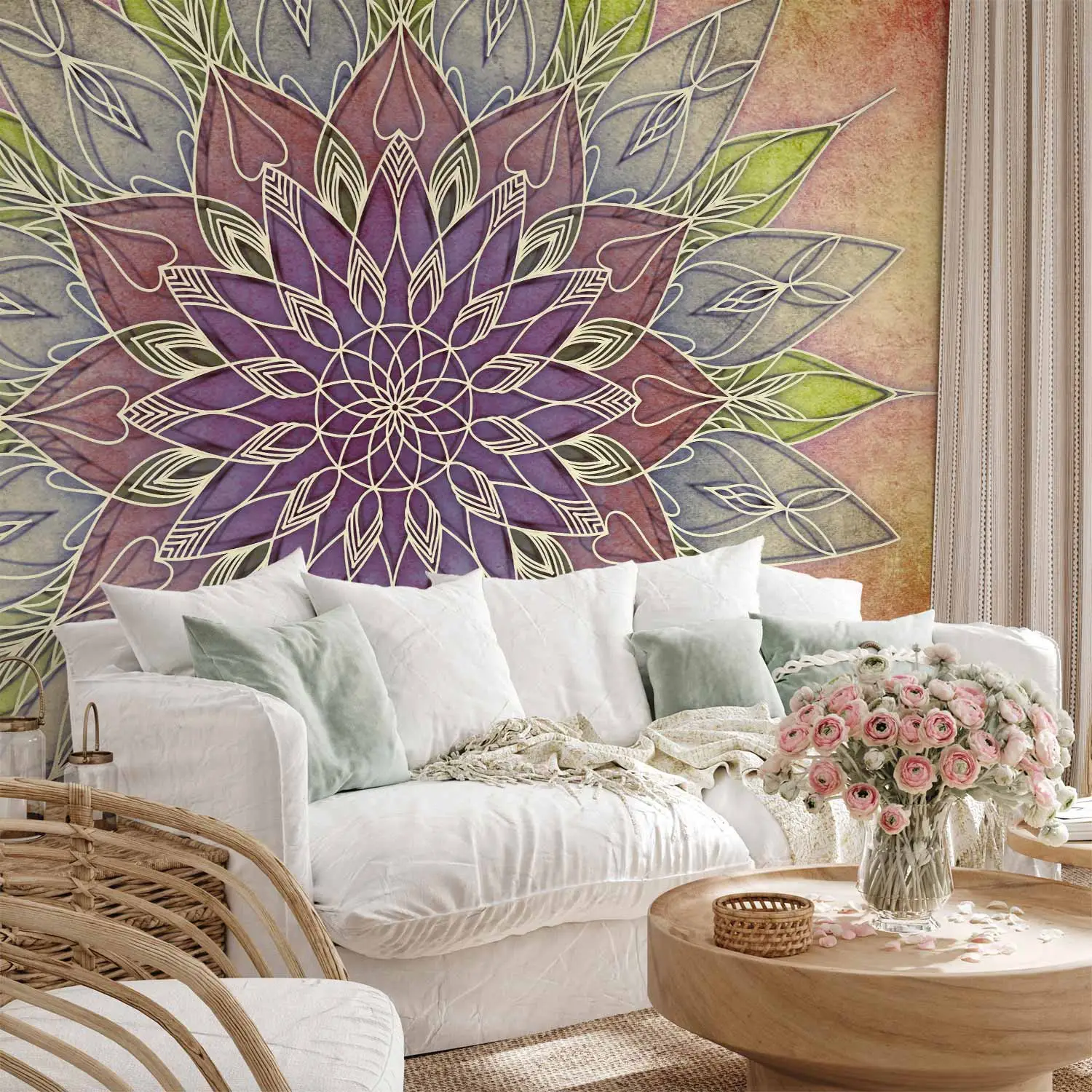 Runa Art Papier Peint Intissé Mandala 352 X 250 Cm Toison Mur XXL Muraux Tapisserie Photo Décoration Murale Salon Chambre Blau Beige Blanc 9286011a