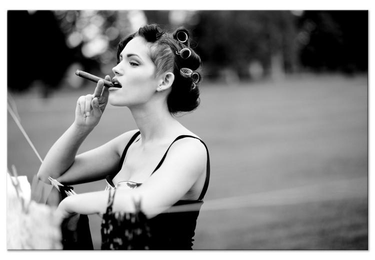 Canvas Print Mischievous Charm (1-part) - Woman with Cigar on Black and White