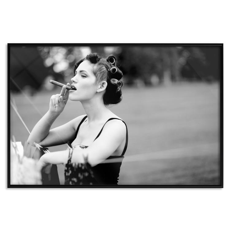 Poster Woman with Cigar - black and white composition with a smoking young woman