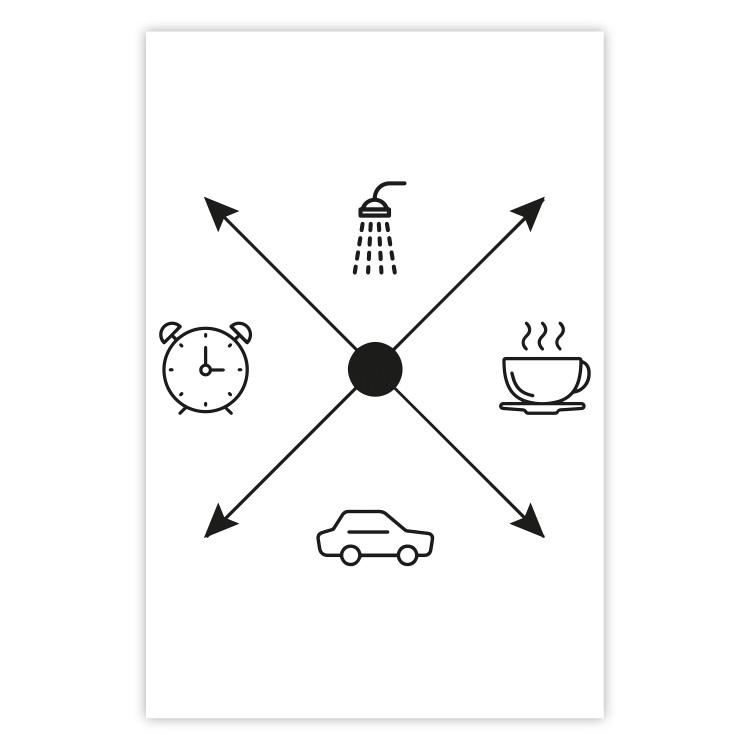 Poster Daily Schedule - black and white composition with a coffee cup and car