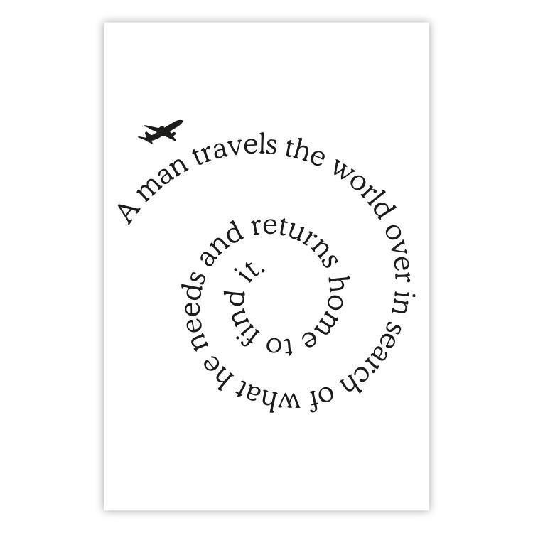 Poster Traveler - black airplane and English text on a solid background