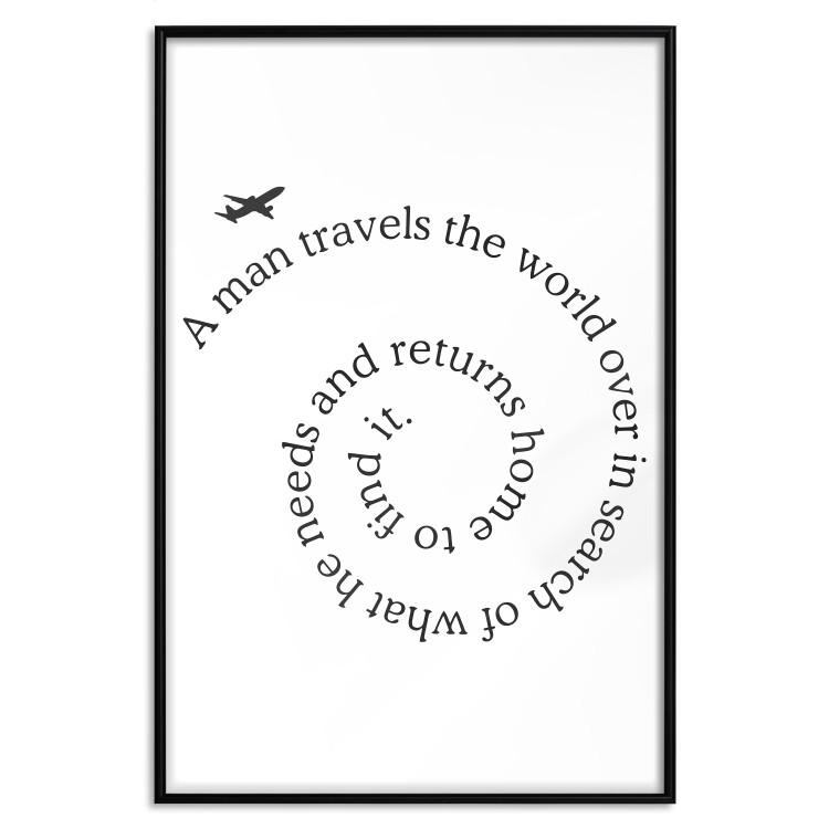 Poster Traveler - black airplane and English text on a solid background