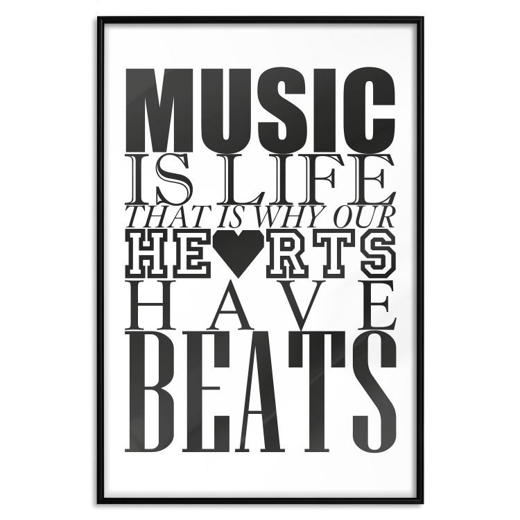 Poster Music Is Life - composition with black and white texts and a heart between them