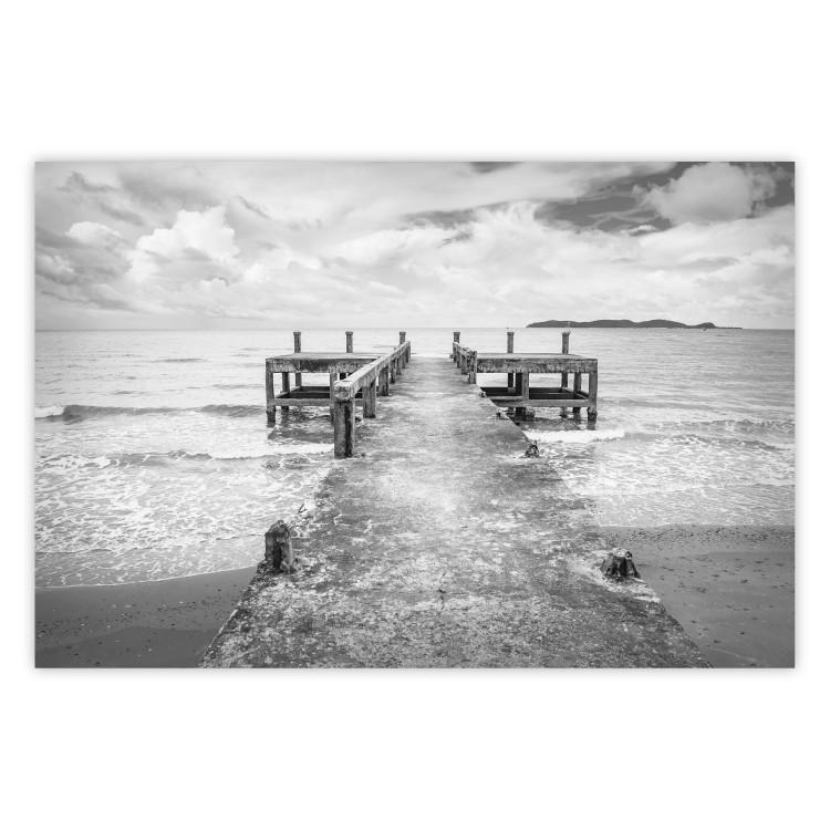 Poster Concrete pier - black and white seascape with view of sea waves