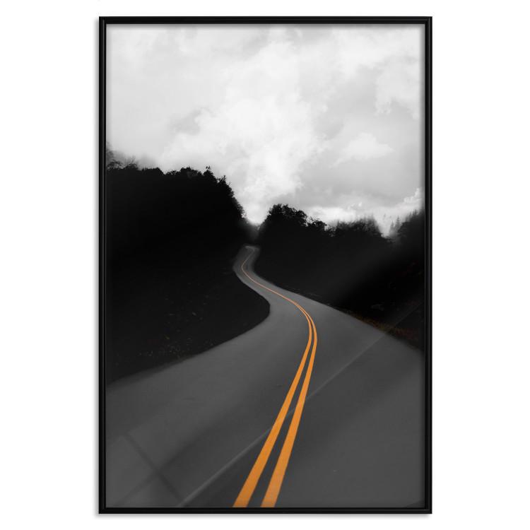 Poster Double continuous line - black and white street landscape among trees and clouds