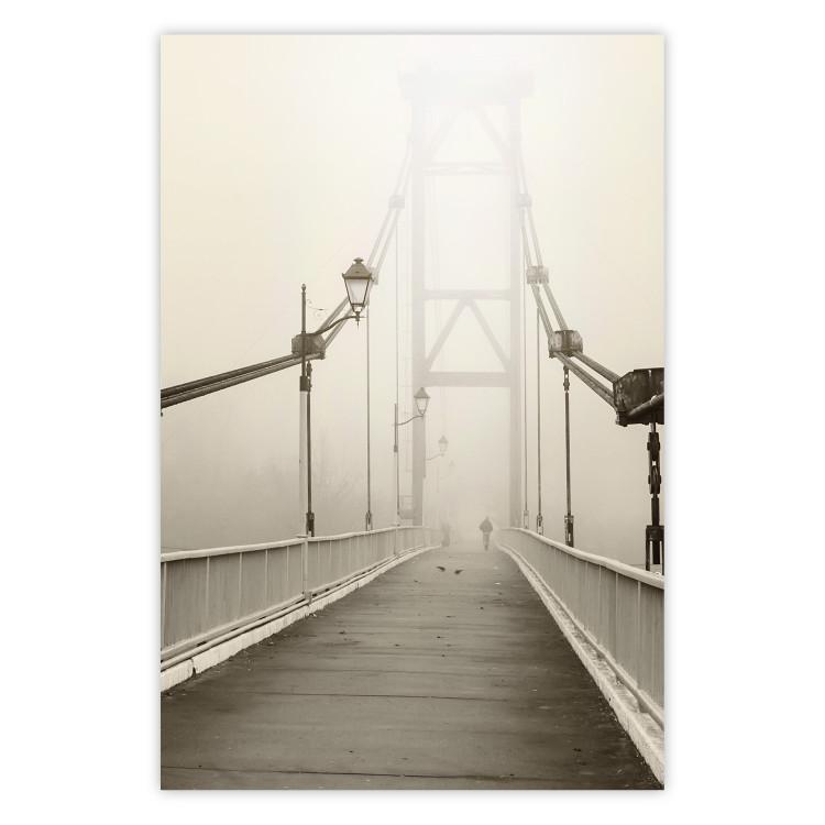 Poster Bridge in the fog - urban architecture in sepia tones with a walking man