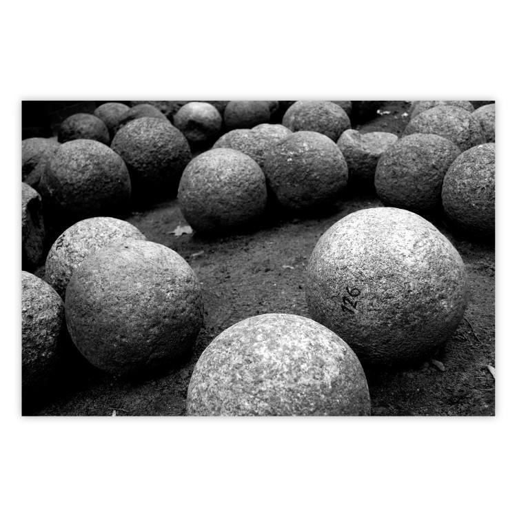 Poster Stone balls - black and white composition with stones on dark soil