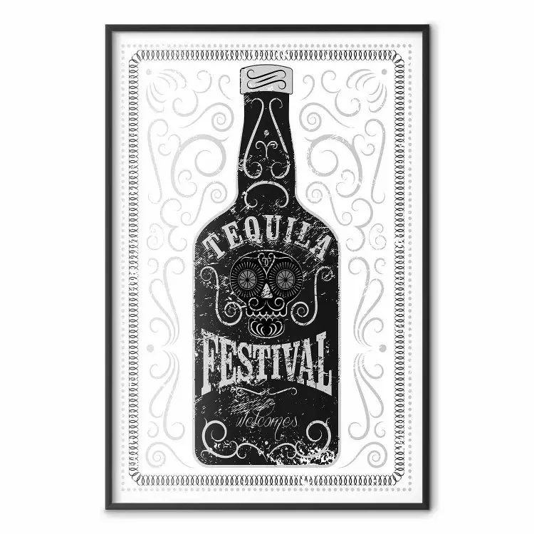 Tequila festival - black and white decorative composition with a bottle of alcohol