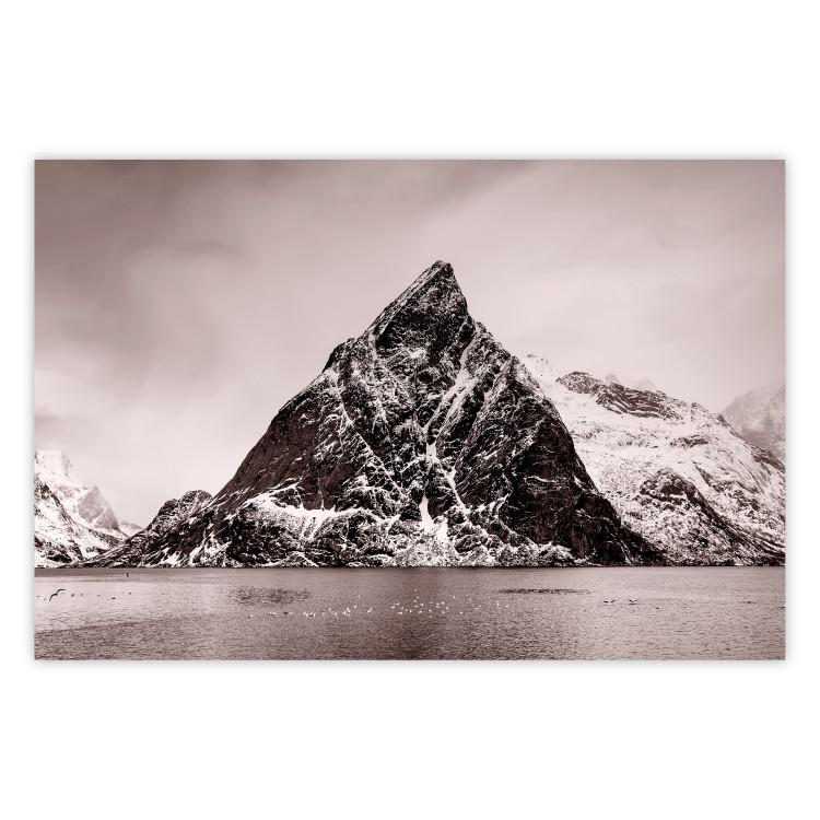Poster Lofoten - landscape of a high mountain on a solitary island in the middle of winter