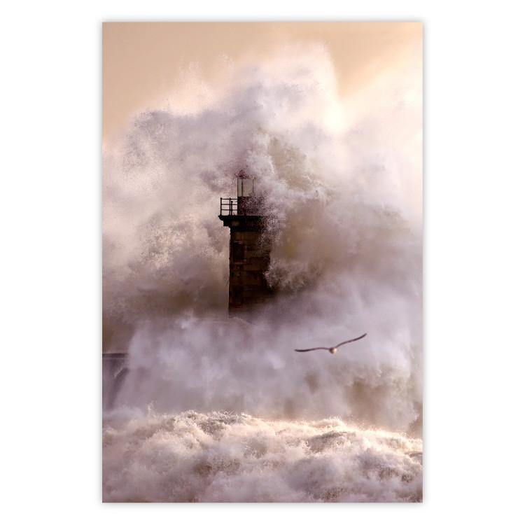Poster Storm and Bird - landscape of a lighthouse surrounded by turbulent water