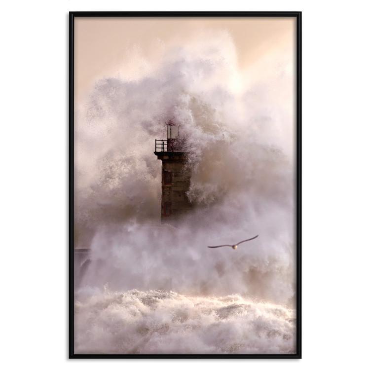 Poster Storm and Bird - landscape of a lighthouse surrounded by turbulent water