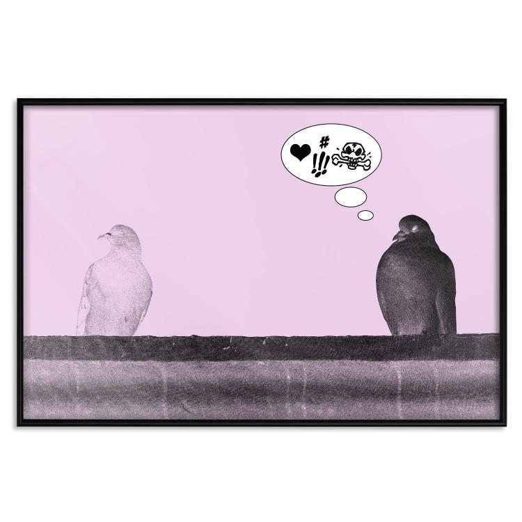 Poster Flirtations - funny speech bubble and sitting pigeons on a pink background