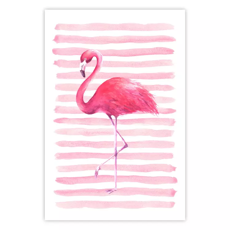 Flamingo and Stripes - composition with a pink bird on a background of horizontal stripes
