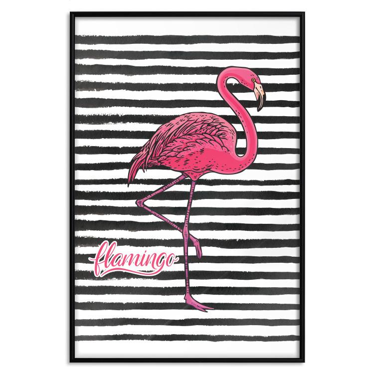 Poster Black Stripes and Flamingo - text and pink bird on a background of horizontal stripes