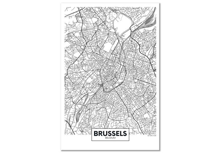 Canvas Print Streets of Brussels - black and white linear map of Belgian city