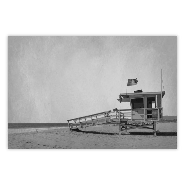 Poster Lifeguard Tower with USA Flag - black and white shot with beach and ocean