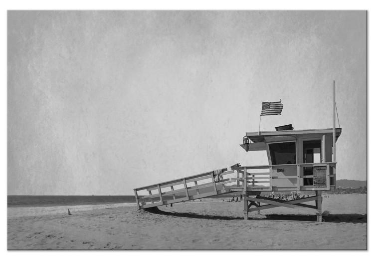Canvas Print Safety- black and white photograph of a lifeguard booth on the beach