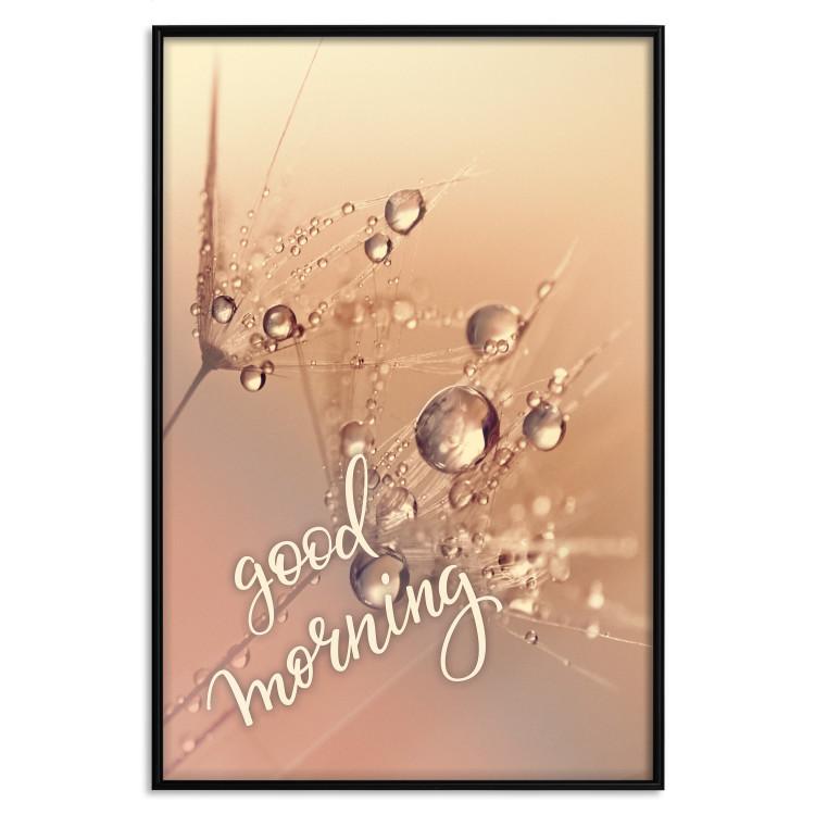 Poster Good morning - water drops on dandelions and warm-colored background