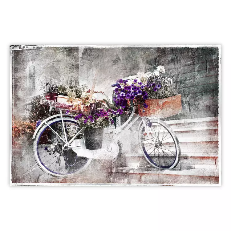Flowery Bicycle - colorful composition on a retro-style staircase background