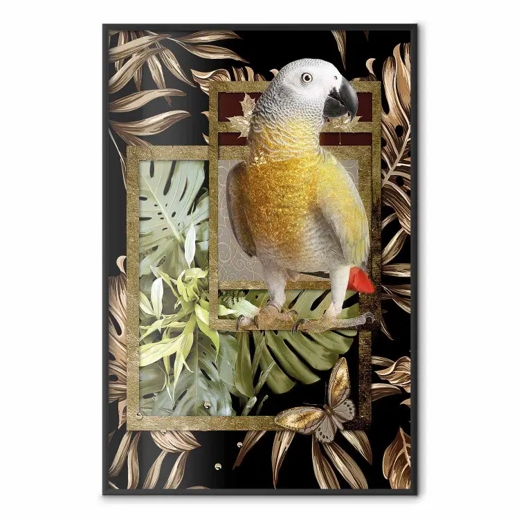 Golden Parrot - butterfly and parrot on a branch against a background of tropical leaves