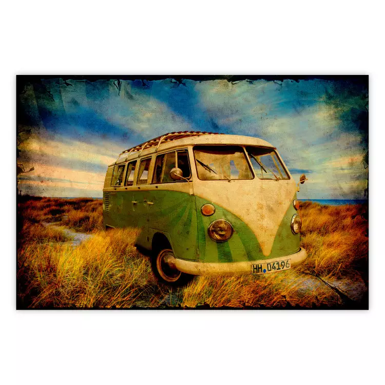 Retro Bus - composition among field grass with a automotive motif