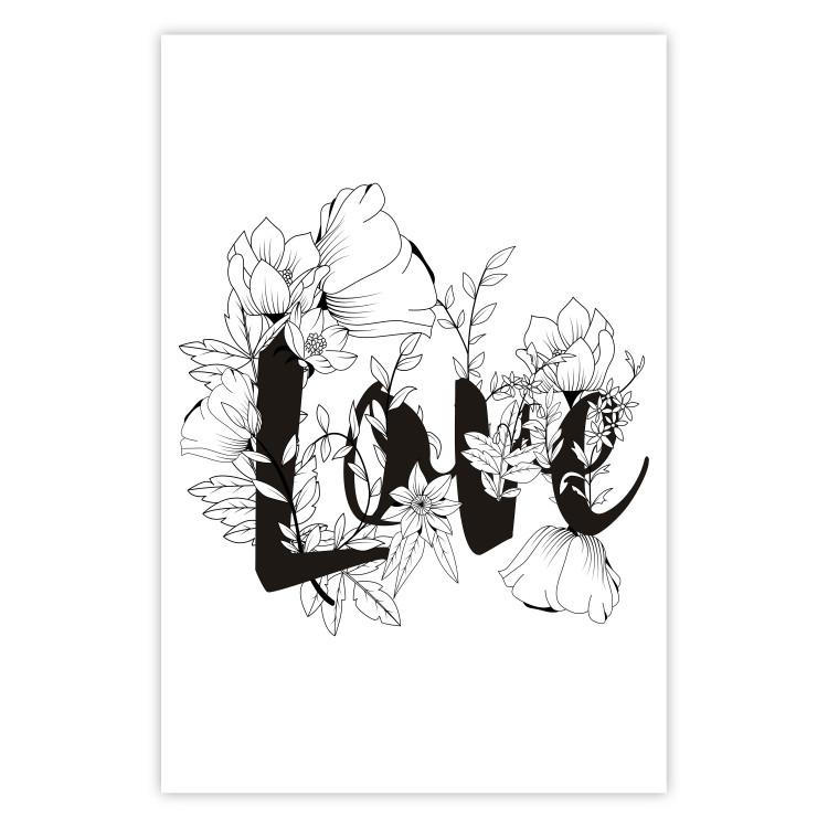 Poster Love in Flowers - black and white composition with a sign among vegetation