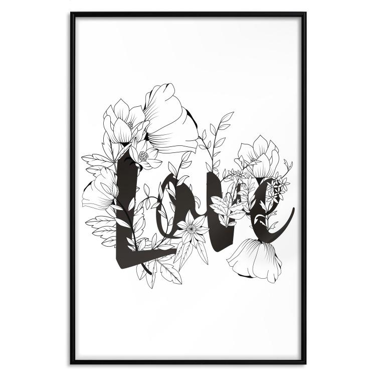 Poster Love in Flowers - black and white composition with a sign among vegetation