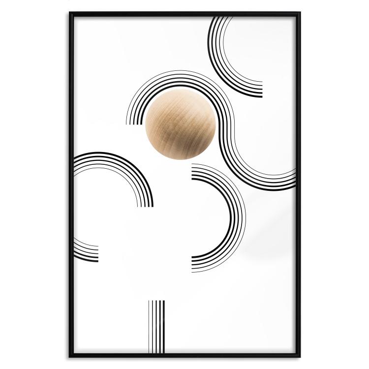Poster Blocked Sphere - black and white geometric abstraction with wood