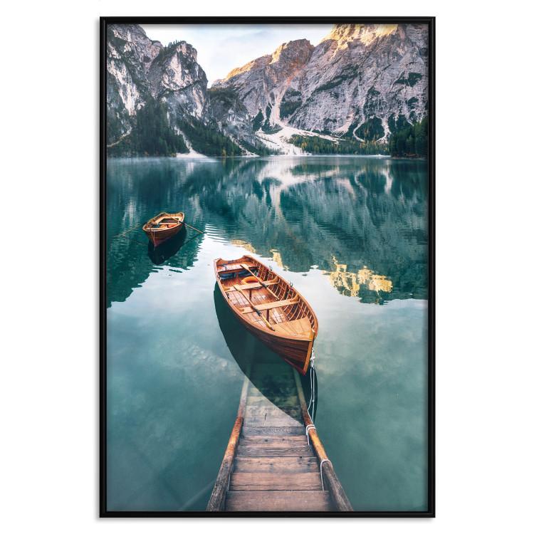 Poster Boats in the Dolomites - picturesque water landscape against a mountain range backdrop