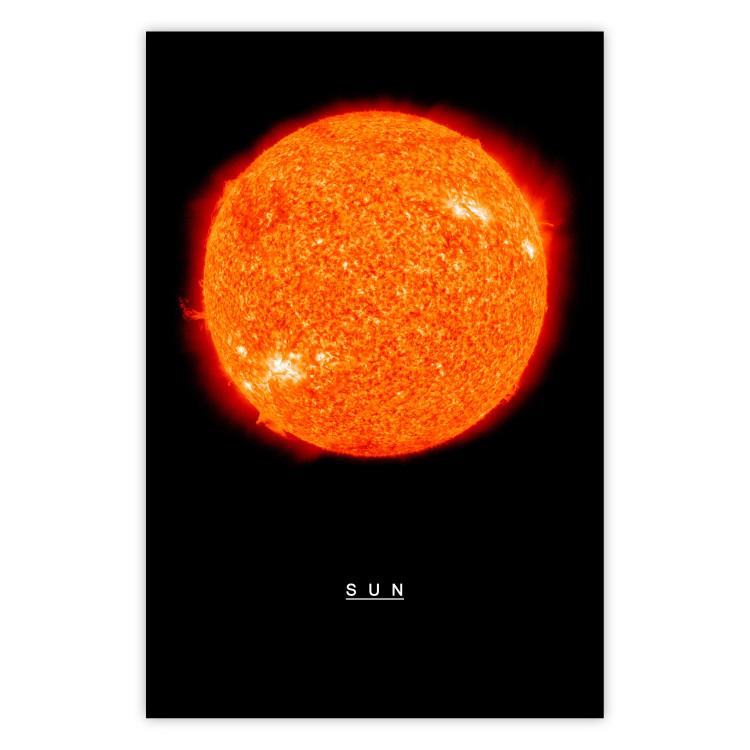 Poster Sun - fiery star and English text on a dark cosmos background