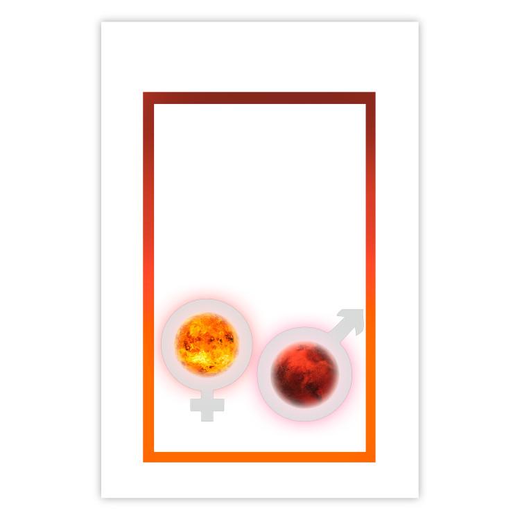 Poster Mars and Venus - abstraction with a pair of planets and gender symbols on a white background