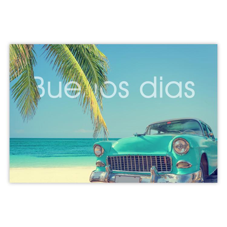 Poster Buenos días - blue retro car against a backdrop of palm trees and blue sky
