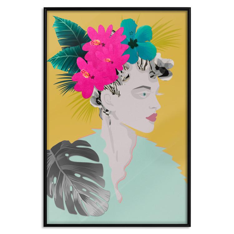 Poster Flowers in Hair - colorful abstraction with a woman's portrait and leaves