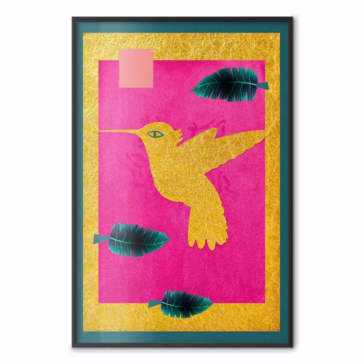 Golden Hummingbird - abstraction with a bird and green leaves on a pink background