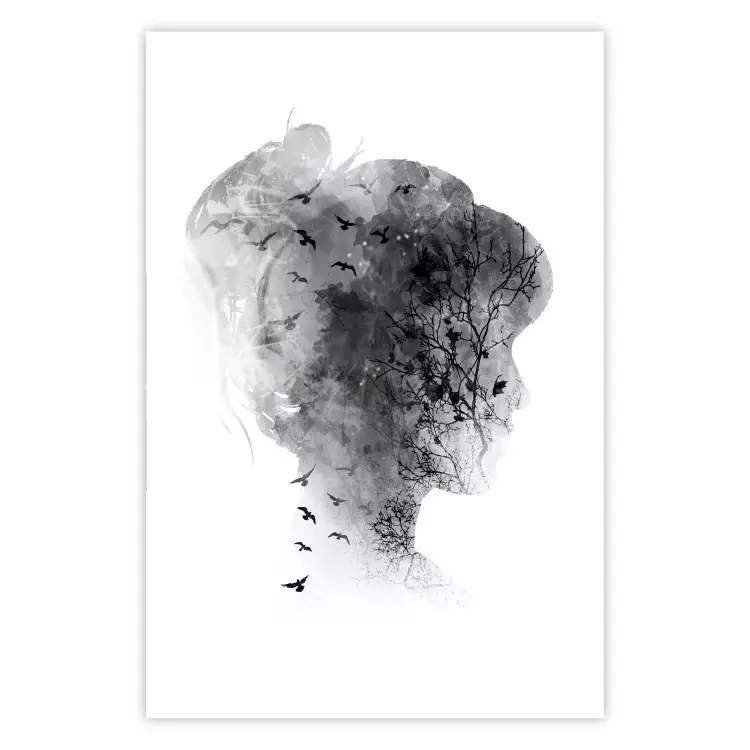 Open Mind - black and white abstraction with a woman's portrait and birds