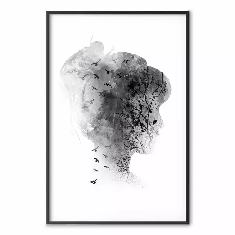 Open Mind - black and white abstraction with a woman's portrait and birds