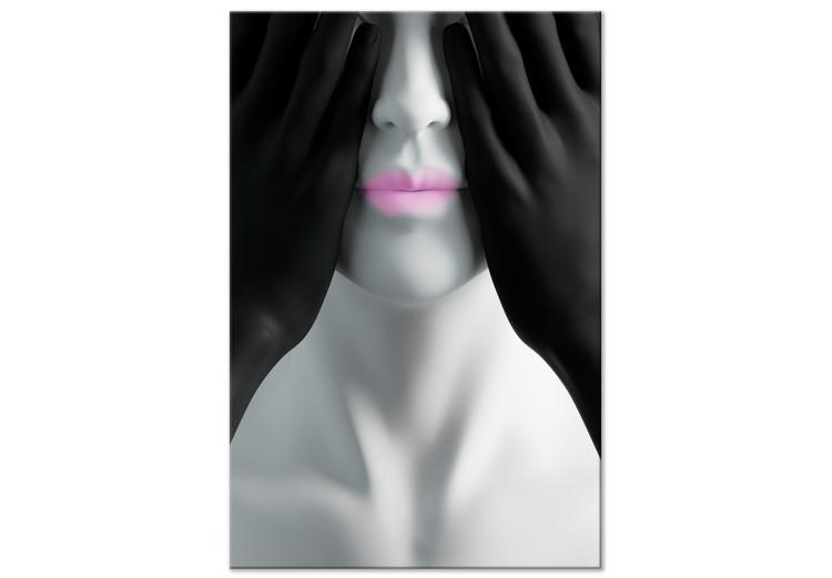 Canvas Print Pink Lips - Black and white portrait of the blindfolded figure