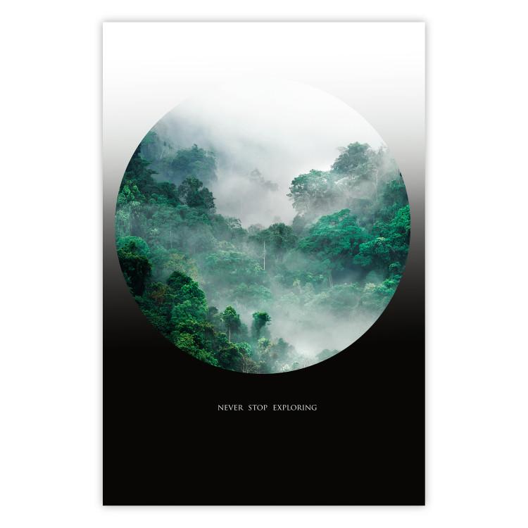 Poster Never stop exploring - landscape of forest trees amidst fog and white text
