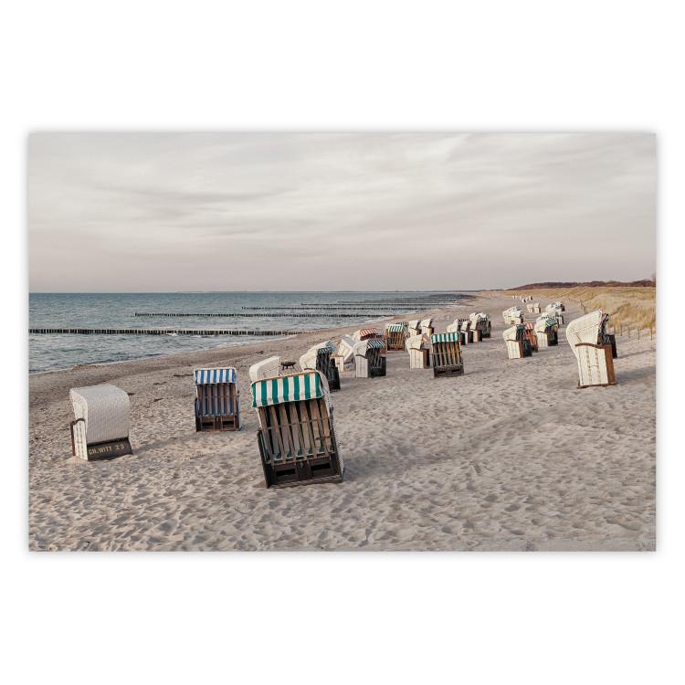Poster Beach Huts - summer landscape of sandy beach with sea in the background