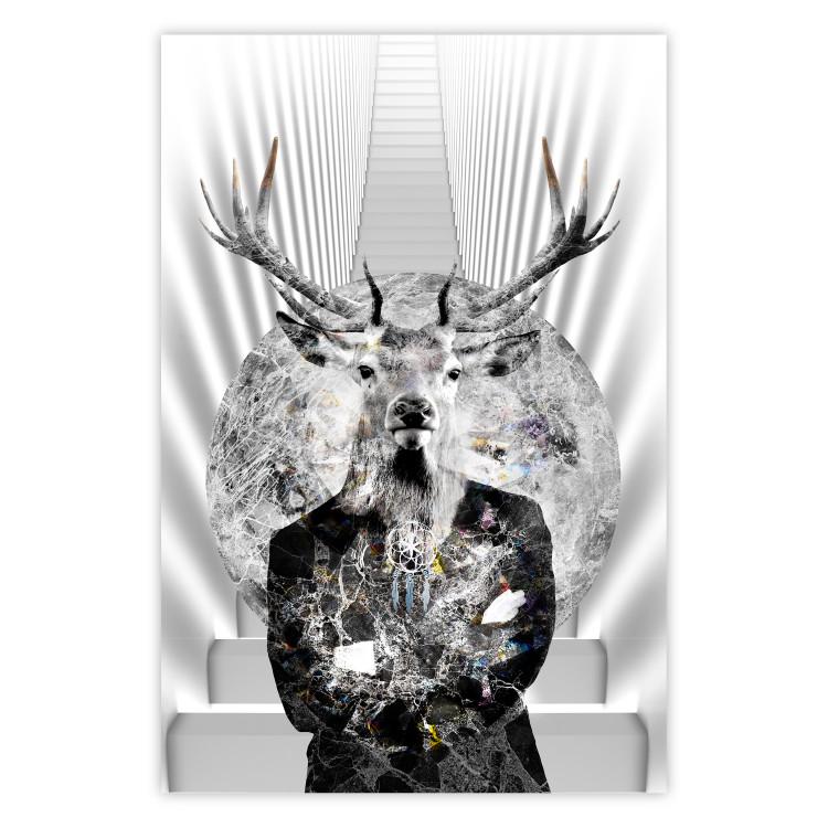 Poster Hern - black and white abstraction with deer figure and stairs in the background