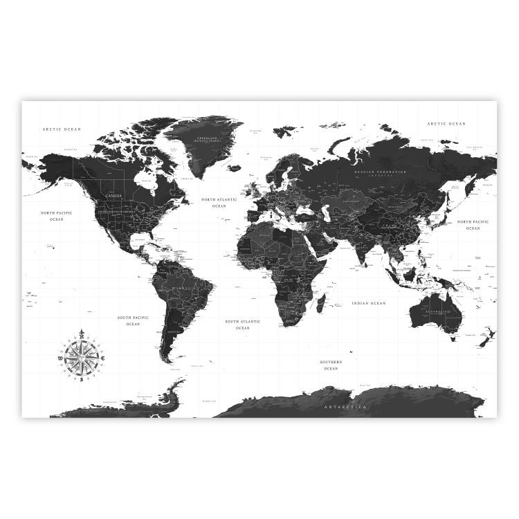 Poster Monochromatic Map - black and white world map with English text