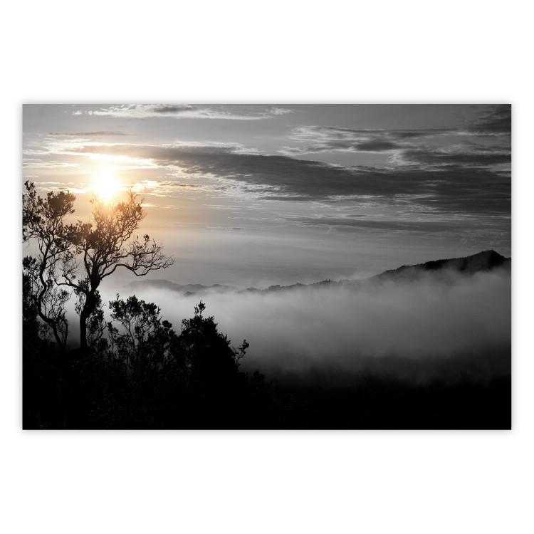 Poster Sunrise - dark landscape of trees against clouds and dense fog