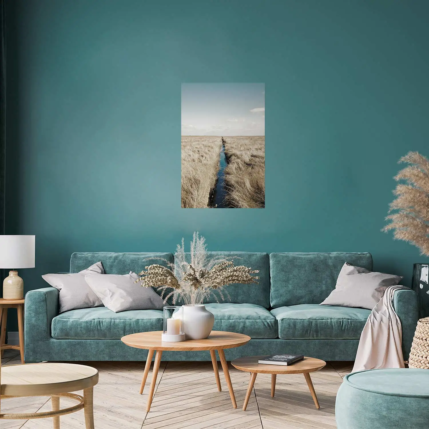 Poster Channel sky landscape with clouds and river on beige