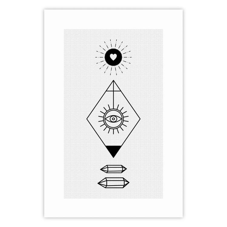 Poster Symbols - black and white composition with eye and heart on geometric background